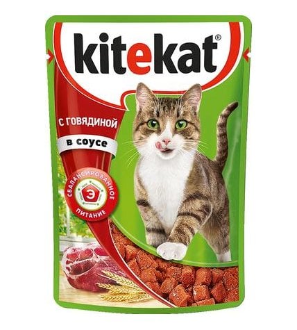 Корм для кошек влажный KITEKAT с говядиной в соусе пауч, 85г