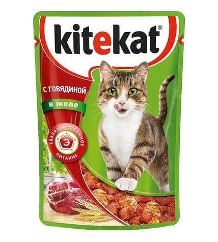 Корм для кошек влажный KITEKAT с говядиной в желе пауч, 85г