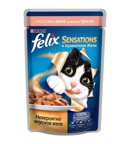 Корм для кошек FELIX с лососем в желе со вкусом трески, 85г