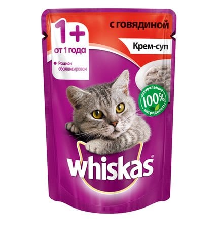 Влажный корм для кошек WHISKAS крем-суп с говядиной 85 грамм