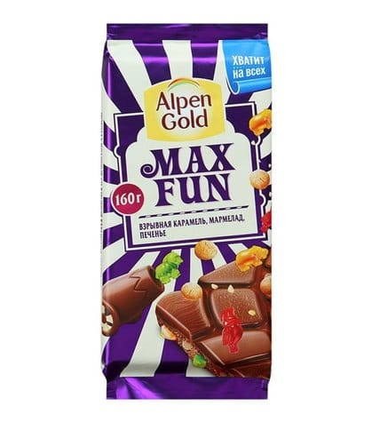 Шоколад Alpen Gold Max Fun молочный с взрывной карамелью, мармеладом и печеньем