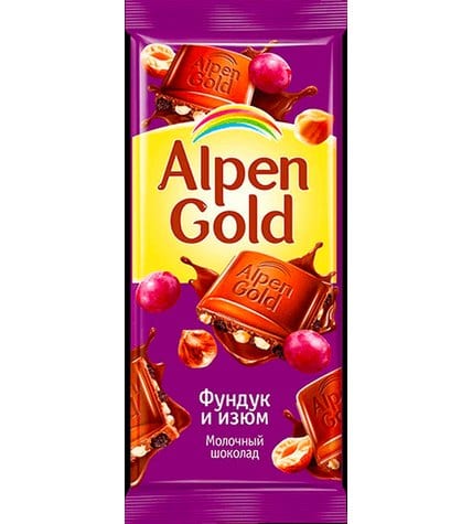 Шоколад Alpen Gold молочный с фундуком и изюмом