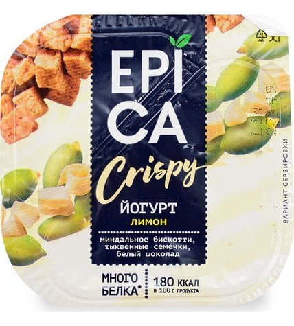 Йогурт Epica Crispy с лимоном и смесь из семян тыквы печенья и белого шоколада 8,6% 140 г купить в Москве