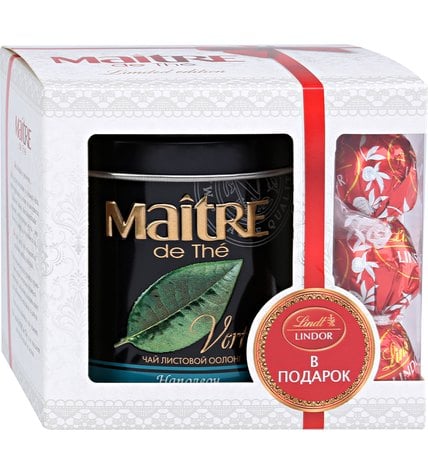 Набор подарочный Чай зеленый Maitre de The Наполеон листовой 100 г и конфеты Lindor 3 шт 37,5 г