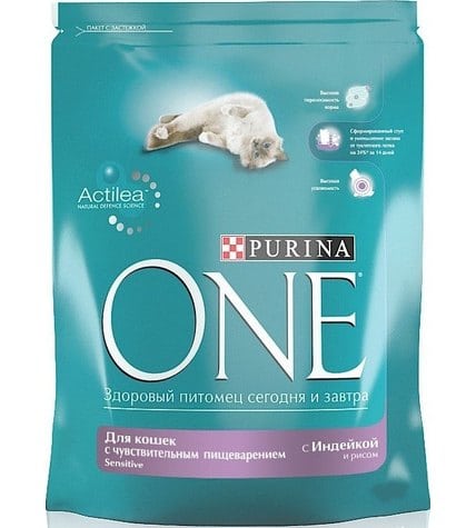 Корм Purina One Sensitive для кошек с чувствительным пищеварением индейка-рис 1,5 кг