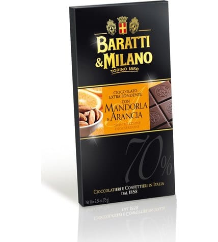 Шоколад Baratti & Milano горький с миндалем и апельсином 70% 75 г