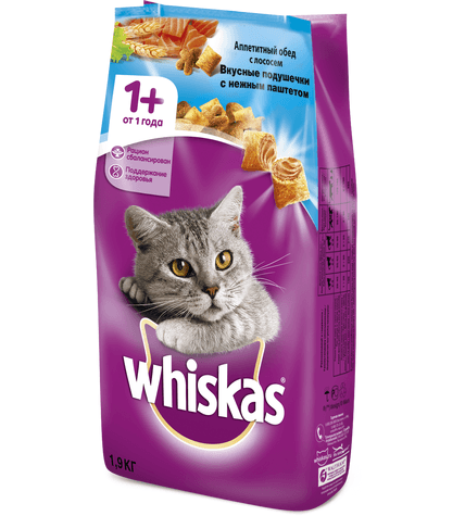 Корм для кошек Whiskas Вкусные подушечки с нежным паштетом Аппетитный обед с лососем сухой