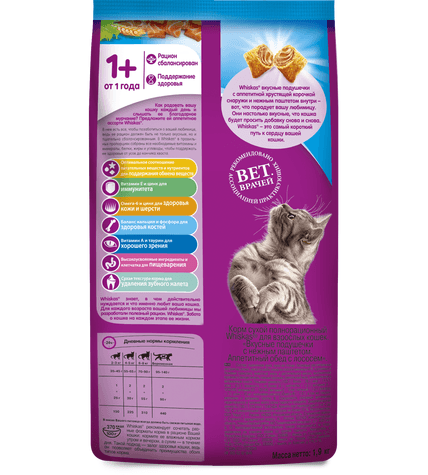 Корм для кошек Whiskas Вкусные подушечки с нежным паштетом Аппетитный обед с лососем сухой купить