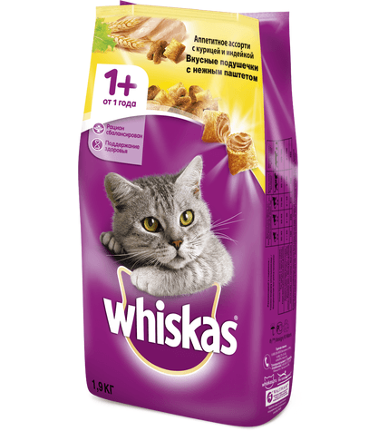 Корм для кошек Whiskas Вкусные подушечки с нежным паштетом Аппетитное ассорти с курицей и индейкой сухой