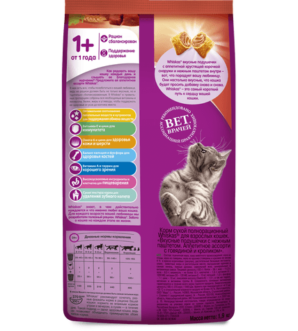 Корм для кошек Whiskas Вкусные подушечки с нежным паштетом Аппетитное ассорти с говядиной и кроликом сухой купить