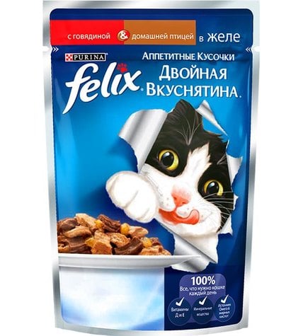 Корм Felix для кошек Двойная вкуснятина с говядиной и домашней птицей в желе