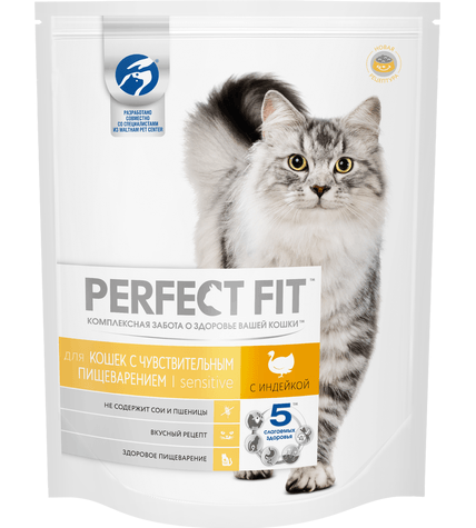 Корм Perfect Fit Sensitive для взрослых кошек с чувствительным пищеварением с индейкой сухой