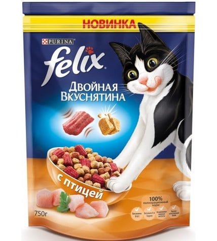 Корм сухой Purina Felix Двойная вкуснятина полнорационный для взрослых кошек с птицей
