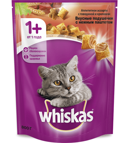 Корм для кошек Whiskas Вкусные подушечки с нежным паштетом Аппетитное ассорти с говядиной и кроликом сухой