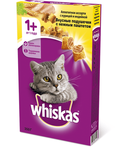 Корм для кошек Whiskas Вкусные подушечки с нежным паштетом Аппетитное ассорти с курицей и индейкой сухой