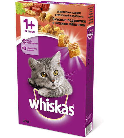 Корм для кошек Whiskas Вкусные подушечки с нежным паштетом Аппетитное ассорти с говядиной и кроликом сухой