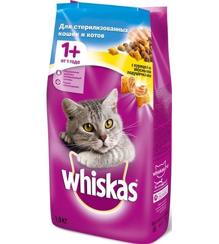 Корм сухой Whiskas для стерилизованный кошек и котов с курицей и вкусными подушечками
