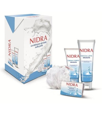 Подарочный набор Nidra увлажняющий с протеинами молока молочко для душа 250 мл + крем для тела 150 мл + мыло 90 г + губка для тела