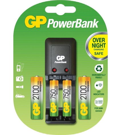Комплект зарядное устройство для аккумуляторов GP Batteries + батарейки АА 2100 mAh 2 шт батарейки ААА + 750 mAh 2 шт