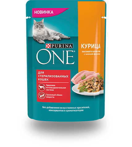 Корм Purina One для стерилизованных кошек с курицей высокого качества и зеленой фасолью 75 г