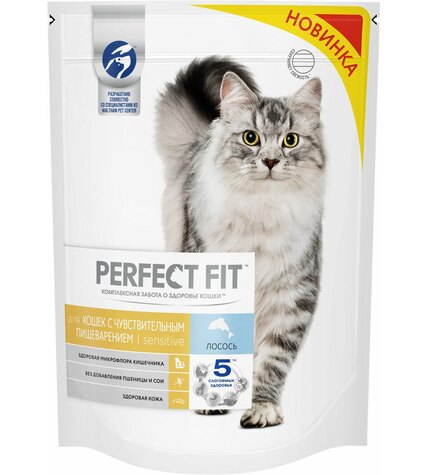 Корм Perfect Fit сухой для взрослых кошек с чувствительным пищеварением с лососем 650 г