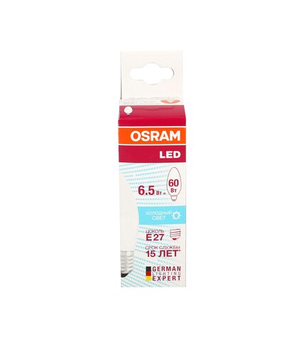 Лампа светодиодная Osram LED Е27 6,5W свеча холодный свет