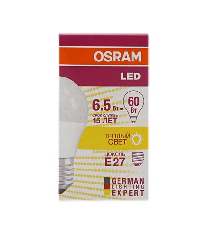 Лампа светодиодная Osram LED Е27 6,5W шар теплый свет