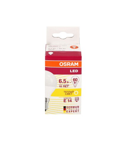 Лампа светодиодная Osram LED Е14 6,5W шар теплый свет