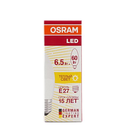 Лампа светодиодная Osram LED E27 6,5W свеча теплый свет