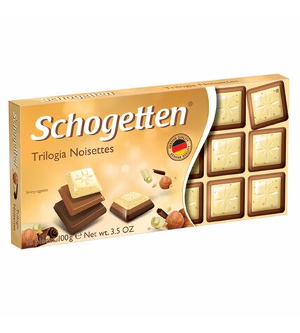 Шоколад Schogetten Trilogia белый и молочный с грильяжем, фундуком и джандуей 100г