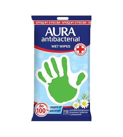 Влажные салфетки Aura антибактериальные Derma protect 15 шт