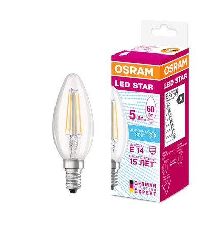 Лампа светодиодная Osram Е14 5 Вт 4000 К на ветру прозрачная